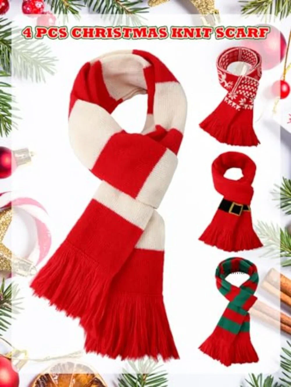 4 Pack Christmas Knitted Scarves Soft Holiday Knit with Tassels Adult Family